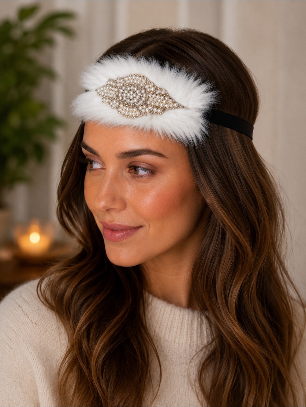 Pearl Embellished White Faux Fur Headband - Women Accessories